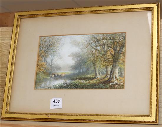 Warren Marke, watercolour, Cattle watering in woodland, signed, 19 x 30cm